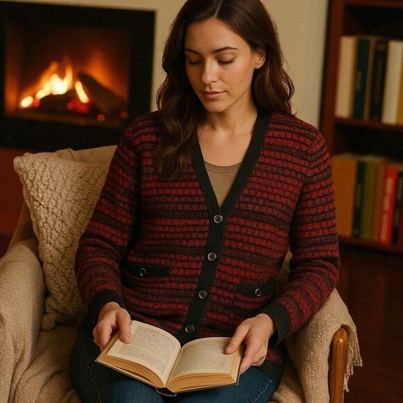 Jones New York Signature Red Black Textured Knit Cardigan Sweater XL Button - Picture 2 of 11